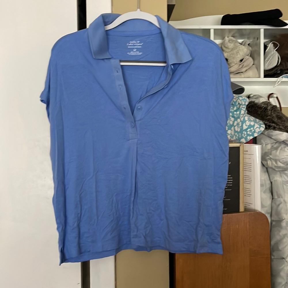 Blue short sleeved collared shirt